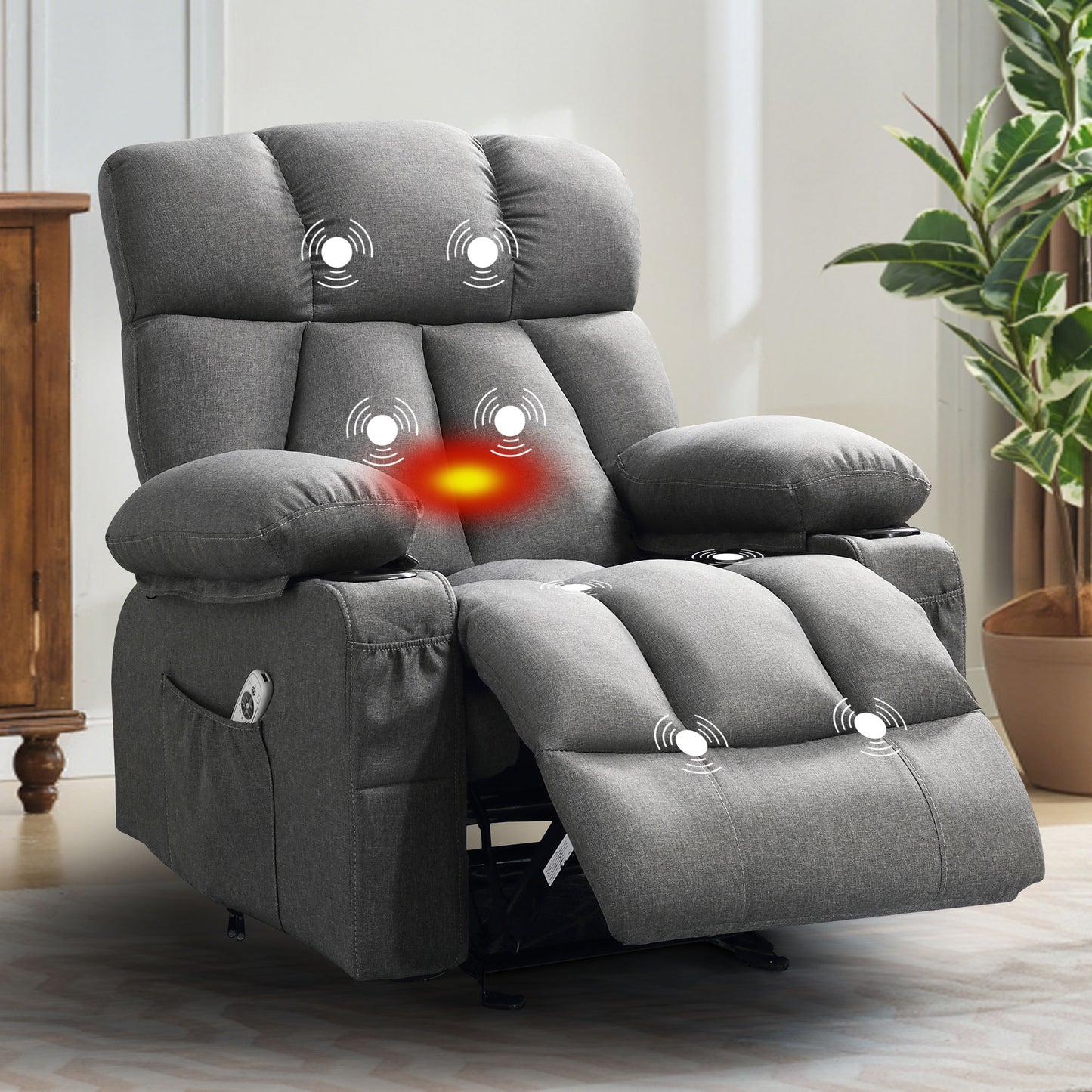 Manual Recliner Chair with Heat Therapy and Massage Function, Heavy Duty Reclining Mechanism Massage Chair, Elderly Single Rocker Sofa with Cup Holders for Bedroom Home Theater,1273GM