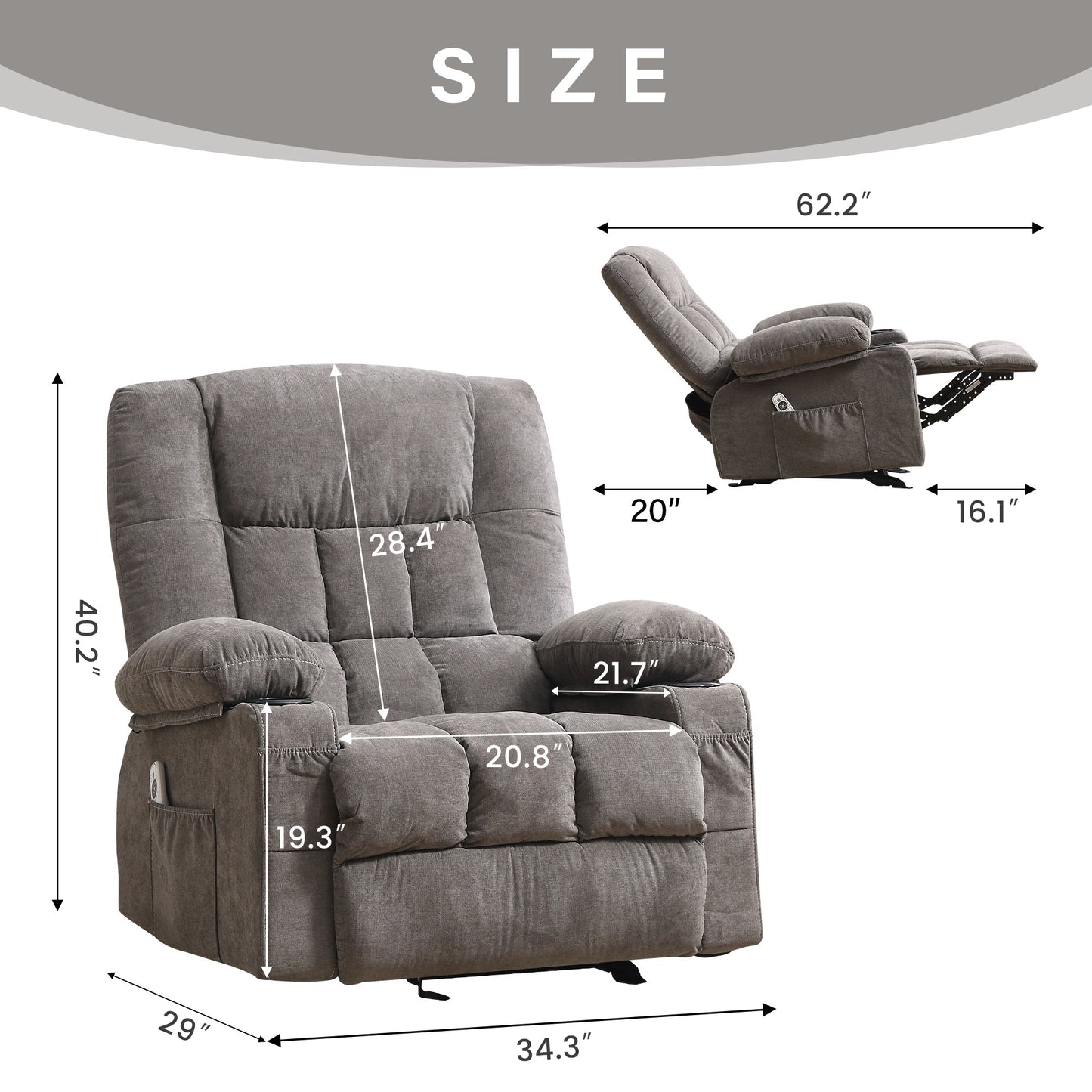 Manual Recliner Chair with Heat Therapy and Massage Function, Heavy Duty Reclining Mechanism Massage Chair, Elderly Single Rocker Sofa with Cup Holders for Bedroom Home Theater,1149GM