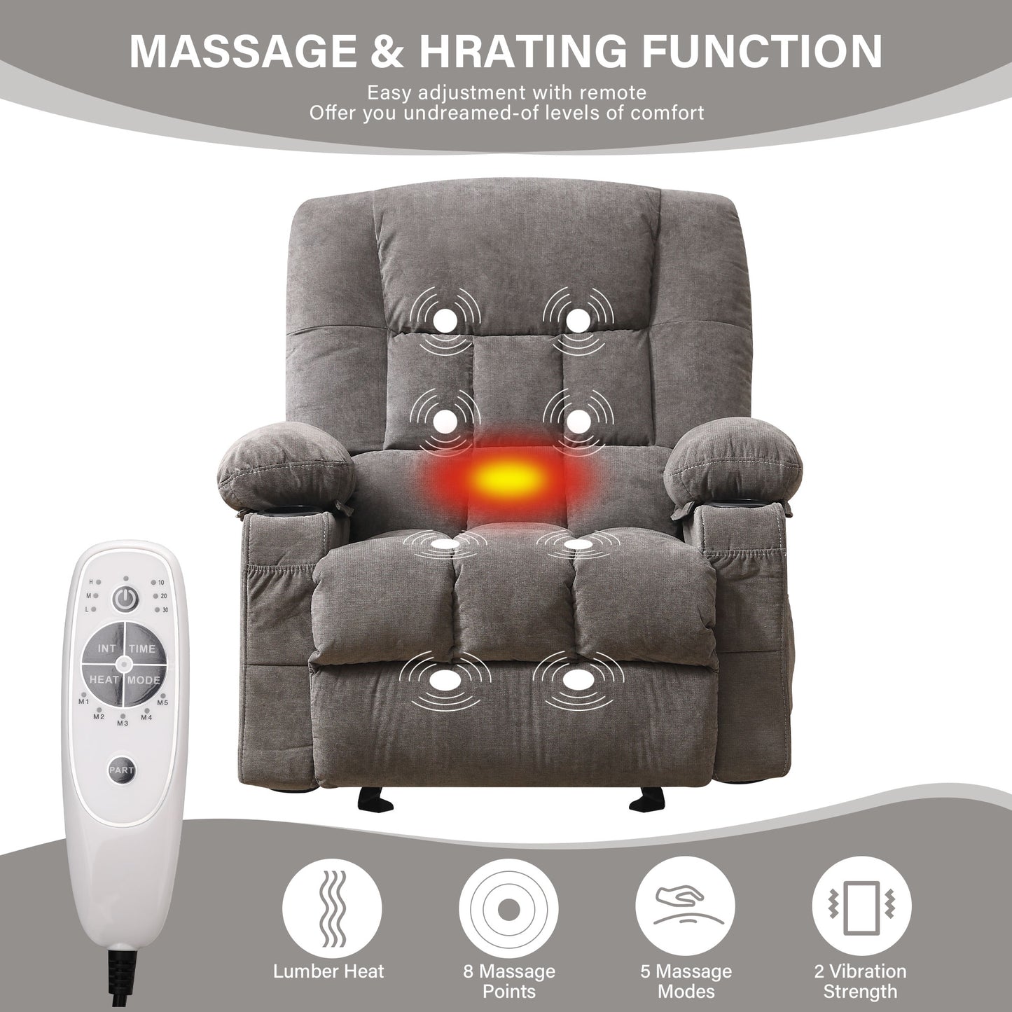 Manual Recliner Chair with Heat Therapy and Massage Function, Heavy Duty Reclining Mechanism Massage Chair, Elderly Single Rocker Sofa with Cup Holders for Bedroom Home Theater,1149GM