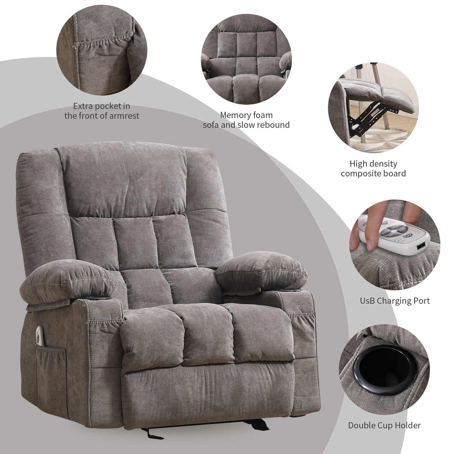 Manual Recliner Chair with Heat Therapy and Massage Function, Heavy Duty Reclining Mechanism Massage Chair, Elderly Single Rocker Sofa with Cup Holders for Bedroom Home Theater,1149GM