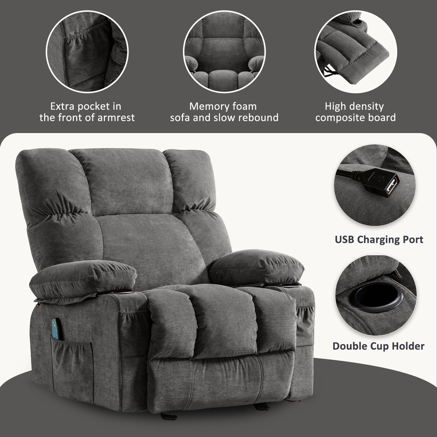 Manual Recliner Chair with Heat Therapy and Massage Function, Heavy Duty Reclining Mechanism Massage Chair, Elderly Single Rocker Sofa with Cup Holders for Bedroom Home Theater,1214GM