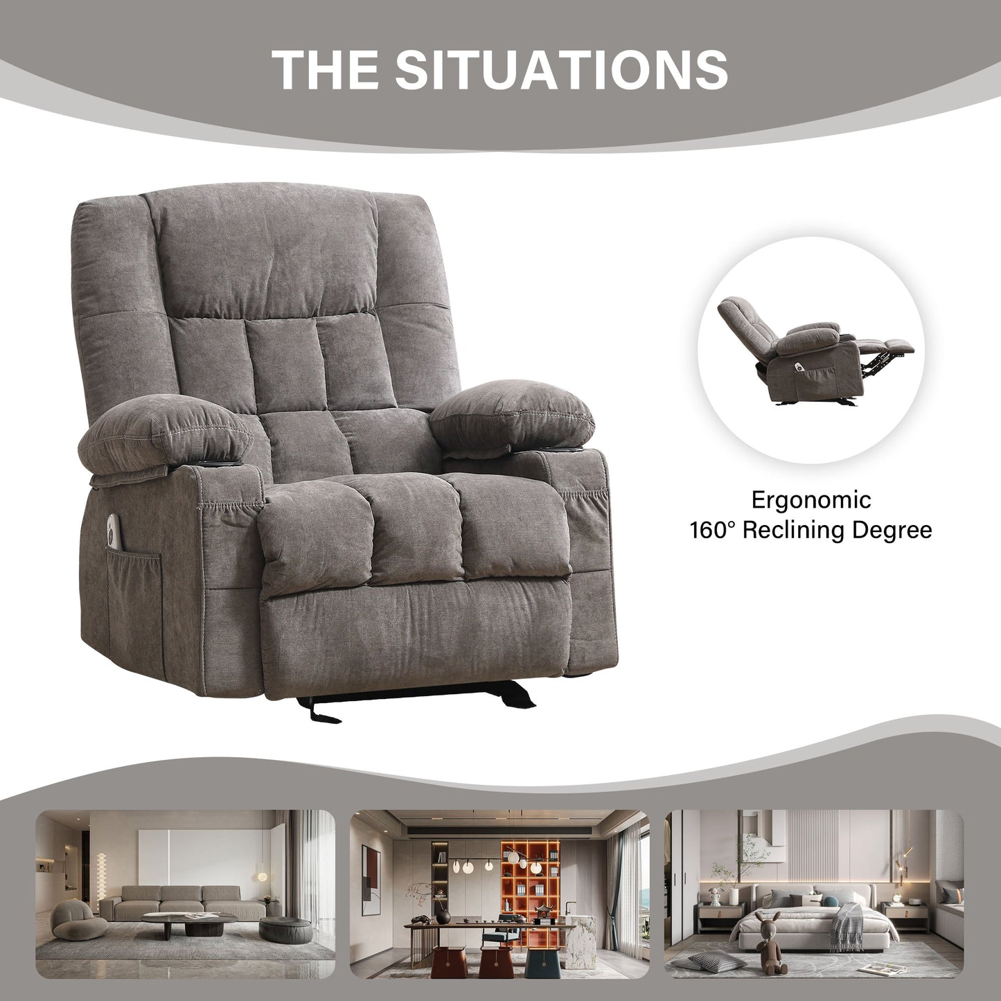 Manual Recliner Chair with Heat Therapy and Massage Function, Heavy Duty Reclining Mechanism Massage Chair, Elderly Single Rocker Sofa with Cup Holders for Bedroom Home Theater,1149GM
