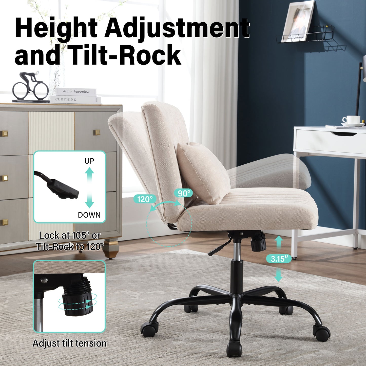 HISKC Armless-Office Desk Chair with Wheels: Fabric Cross Legged Wide Chair,Comfortable Adjustable Swivel Computer Task Chairs for Home,Office,Make Up,Small Space,Bed Room,Beige