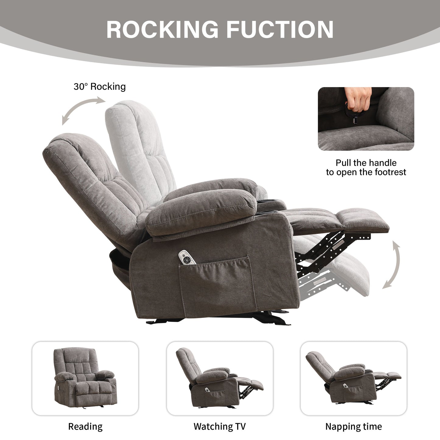 Manual Recliner Chair with Heat Therapy and Massage Function, Heavy Duty Reclining Mechanism Massage Chair, Elderly Single Rocker Sofa with Cup Holders for Bedroom Home Theater,1149GM