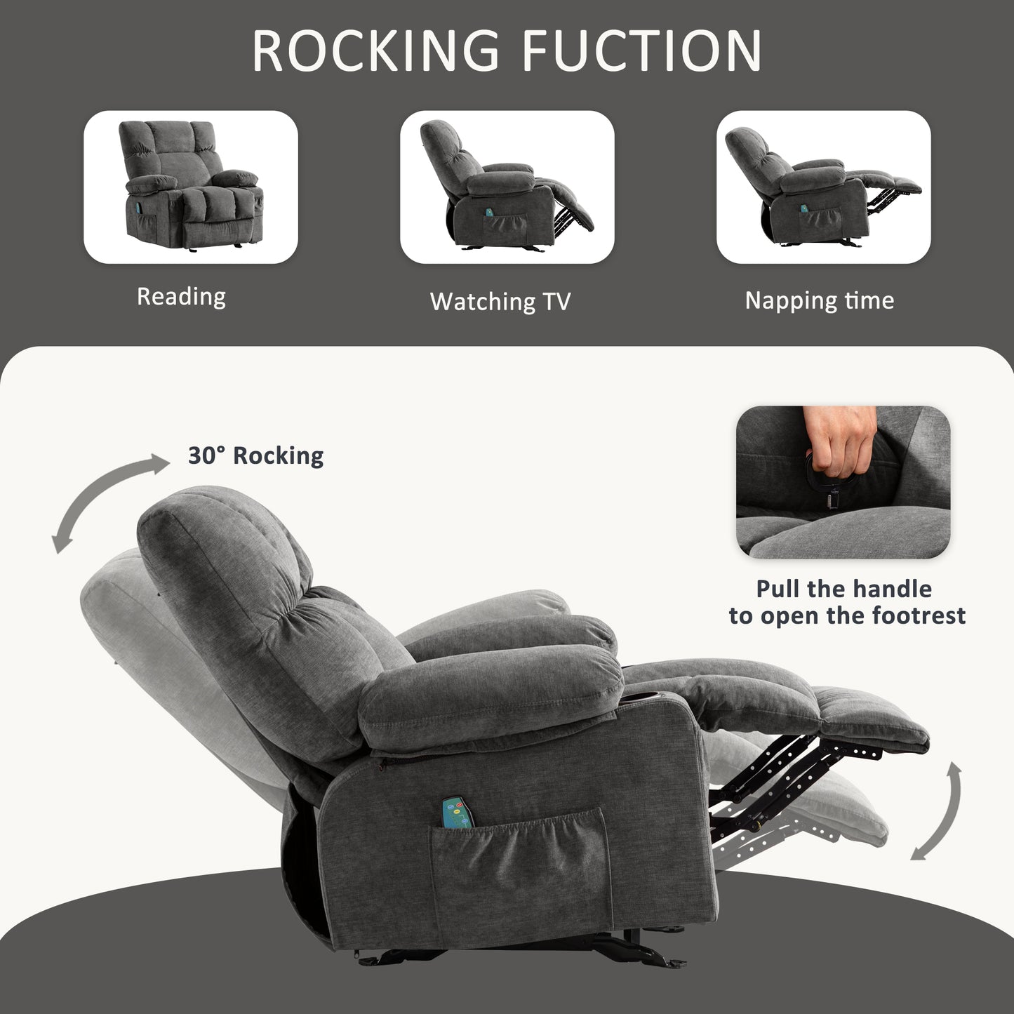 Manual Recliner Chair with Heat Therapy and Massage Function, Heavy Duty Reclining Mechanism Massage Chair, Elderly Single Rocker Sofa with Cup Holders for Bedroom Home Theater,1214GM