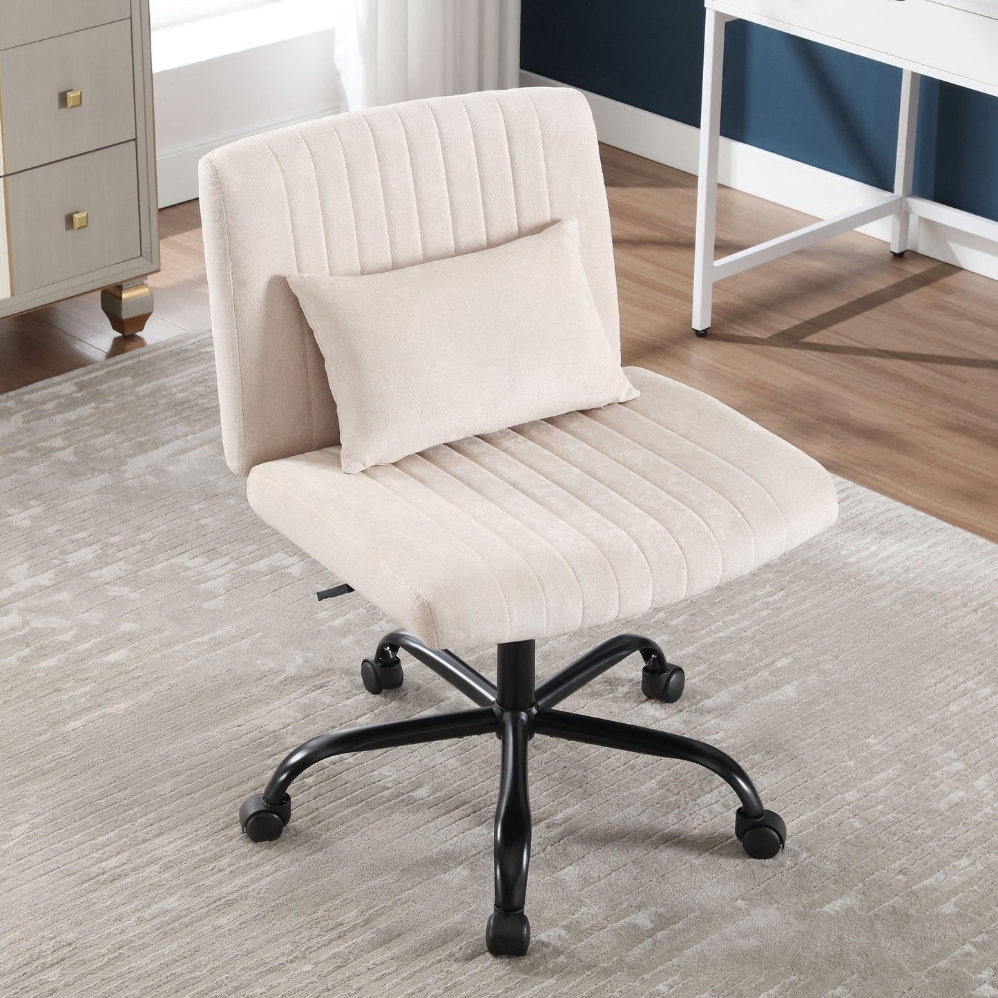 HISKC Armless-Office Desk Chair with Wheels: Fabric Cross Legged Wide Chair,Comfortable Adjustable Swivel Computer Task Chairs for Home,Office,Make Up,Small Space,Bed Room,Beige