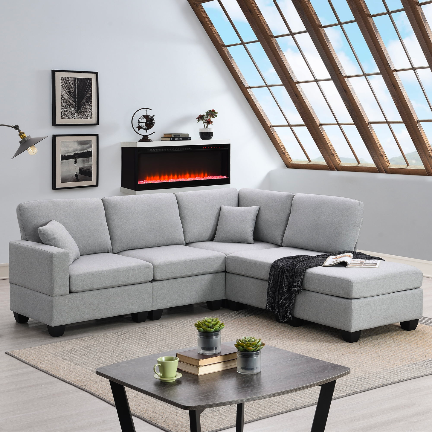 HISKC 89.8" Modern Sectional Sofa,5-Seat Modular Couch Set with Convertible Ottoman,L-Shape Linen Fabric Corner Couch Set with 2 Pillows for Living Room,Apartment,Office, Dark Grey
