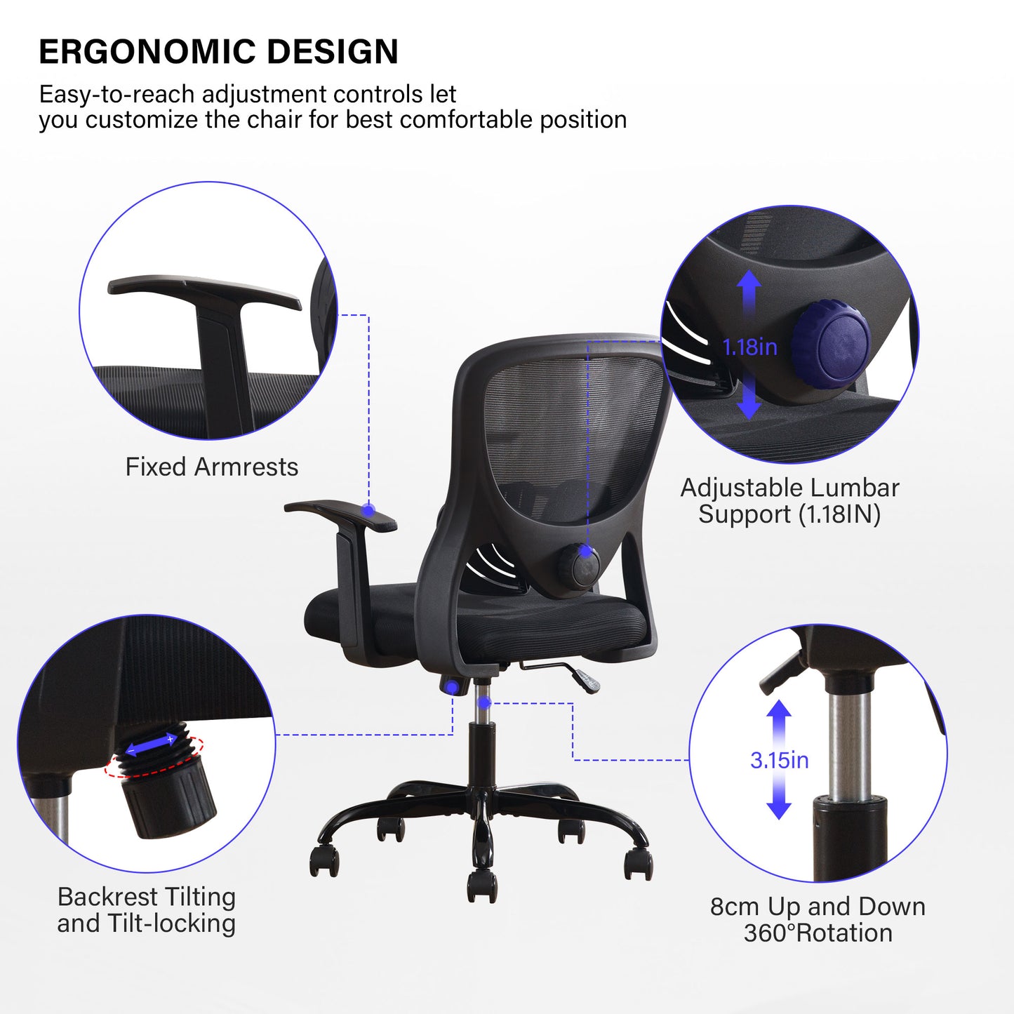 HISKC Ergonomic Office Chair, Comfort Home Office Task Chair, Lumbar Support Ergonomic Mesh Desk Chair with Fixed Arms, 400lbs, Black