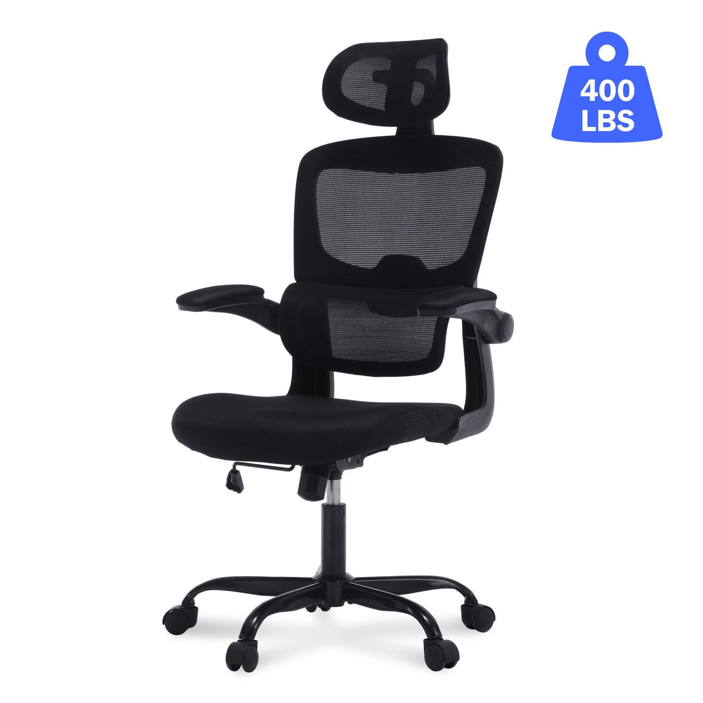 HISKC Office Chair, High Back Ergonomic Desk Chair, Mesh Desk Chair with Lumbar Support, headrest and Flip-up Armrests, 400lb, Black