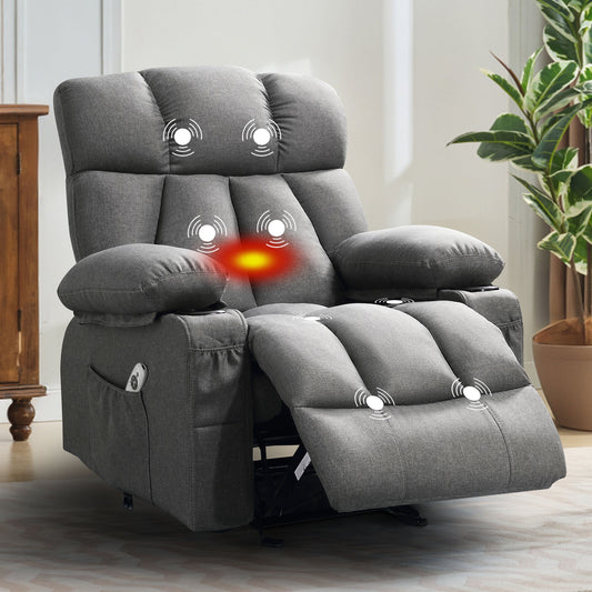 Manual Recliner Chair with Heat Therapy and Massage Function, Heavy Duty Reclining Mechanism Massage Chair, Elderly Single Rocker Sofa with Cup Holders for Bedroom Home Theater,1273GM