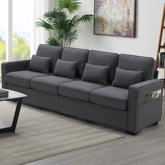 HISKC 104" 4-Seater Modern Linen Fabric Sofa with Armrest Pockets and 4 Pillows,Minimalist Style Couch for Living Room, Apartment, Office,3 Colors,Dark Grey