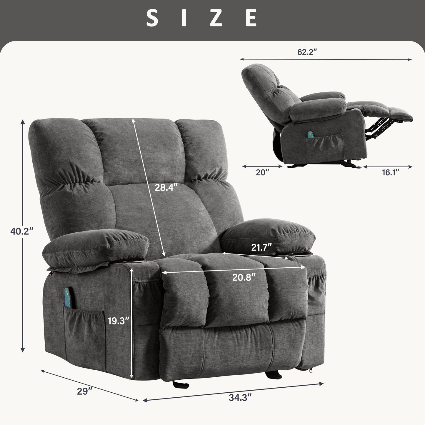 Manual Recliner Chair with Heat Therapy and Massage Function, Heavy Duty Reclining Mechanism Massage Chair, Elderly Single Rocker Sofa with Cup Holders for Bedroom Home Theater,1214GM