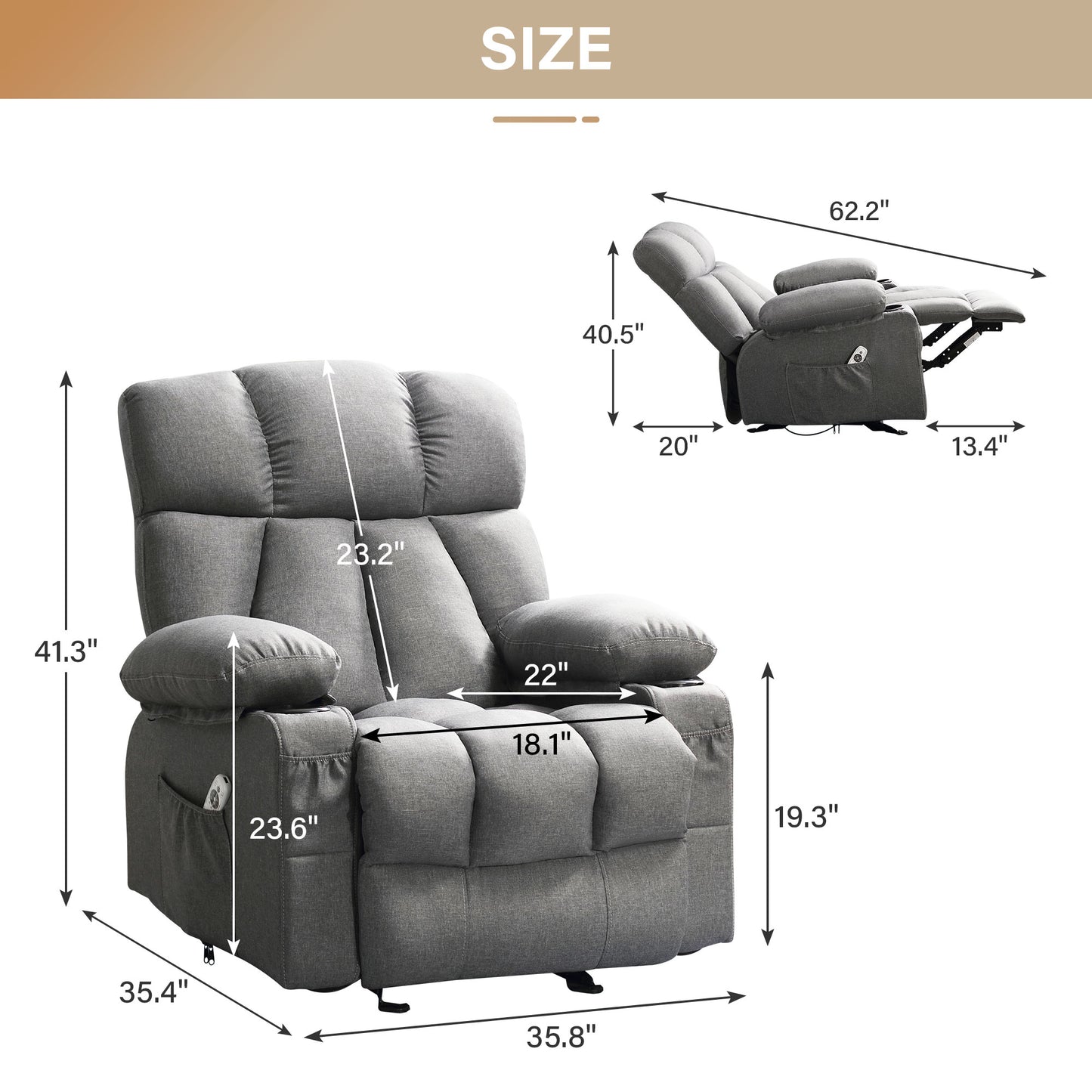 Manual Recliner Chair with Heat Therapy and Massage Function, Heavy Duty Reclining Mechanism Massage Chair, Elderly Single Rocker Sofa with Cup Holders for Bedroom Home Theater,1273GM