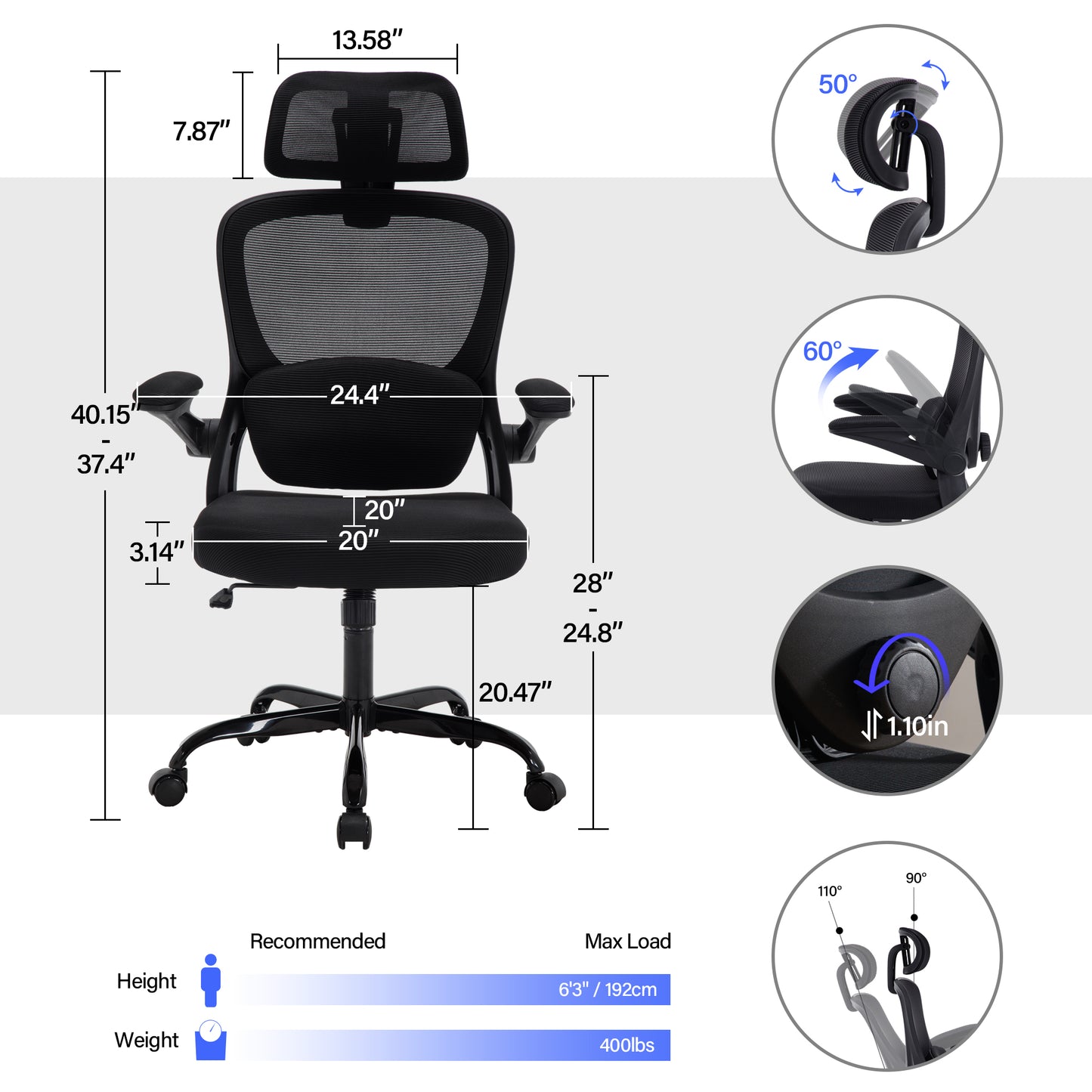 HISKC Ergonomic Office Chair, High Back Adjustable Computer Desk Chair with Lumbar Support, 400lb, Black