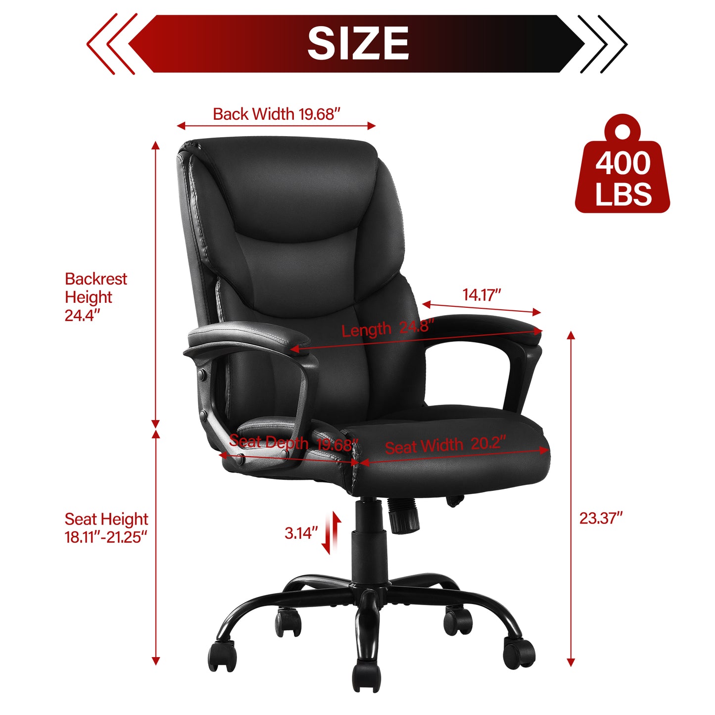 HISKC Big and Tall Office Chair 400LBS Wide Seat Ergonomic Computer Desk Chair High Back Executive Leather Chair Adjustable Task Chair Lumbar Back Support 8 Hours Heavy Duty Design,Black