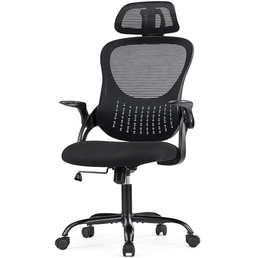 HISKC Office Computer Desk Chair, Ergonomic High-Back Mesh Rolling Work Chairs with Wheels,Adjustable Headrests,Comfortable Lumbar Support,Flip Arm for Home,Bedroom, Study,Black