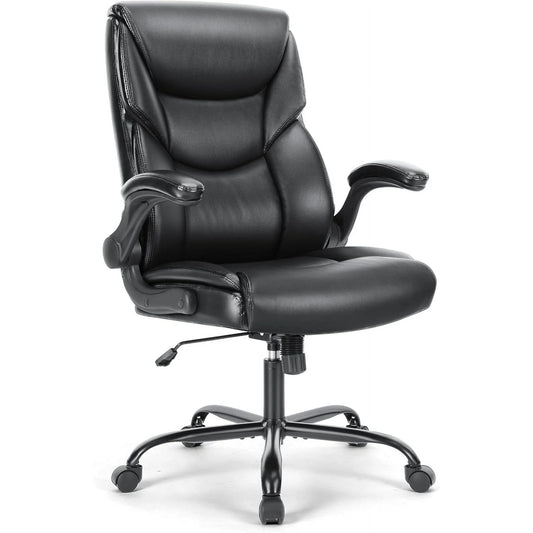 HISKC Big and Tall Executive Computer Office Chair with Adjustable Flip-up Armrest,8 Hours Swivel Heavy Duty Design Task Chair with Lumbar Support, Strong Metal Base, PU Leather,Black