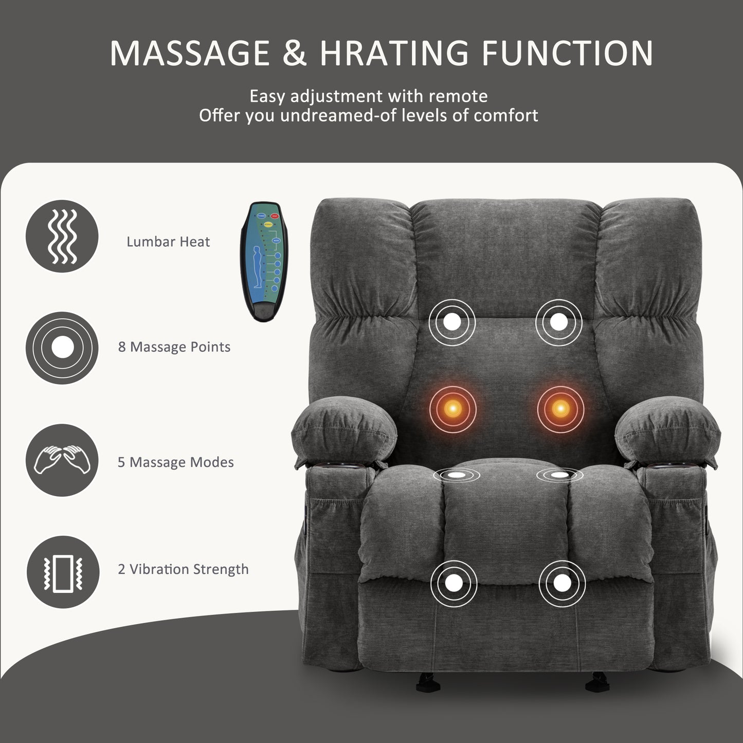 Manual Recliner Chair with Heat Therapy and Massage Function, Heavy Duty Reclining Mechanism Massage Chair, Elderly Single Rocker Sofa with Cup Holders for Bedroom Home Theater,1214GM