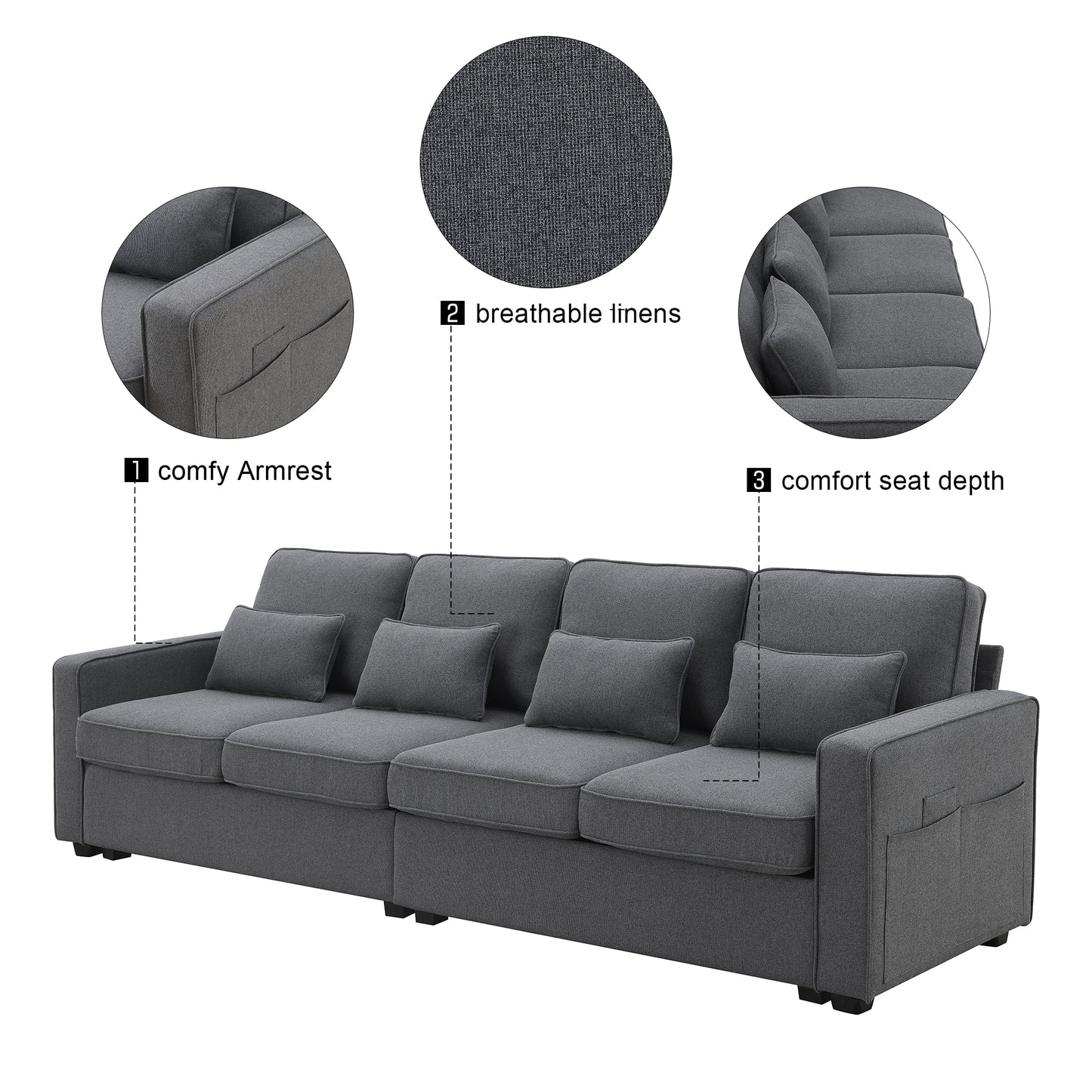 HISKC 104" 4-Seater Modern Linen Fabric Sofa with Armrest Pockets and 4 Pillows,Minimalist Style Couch for Living Room, Apartment, Office,3 Colors,Dark Grey