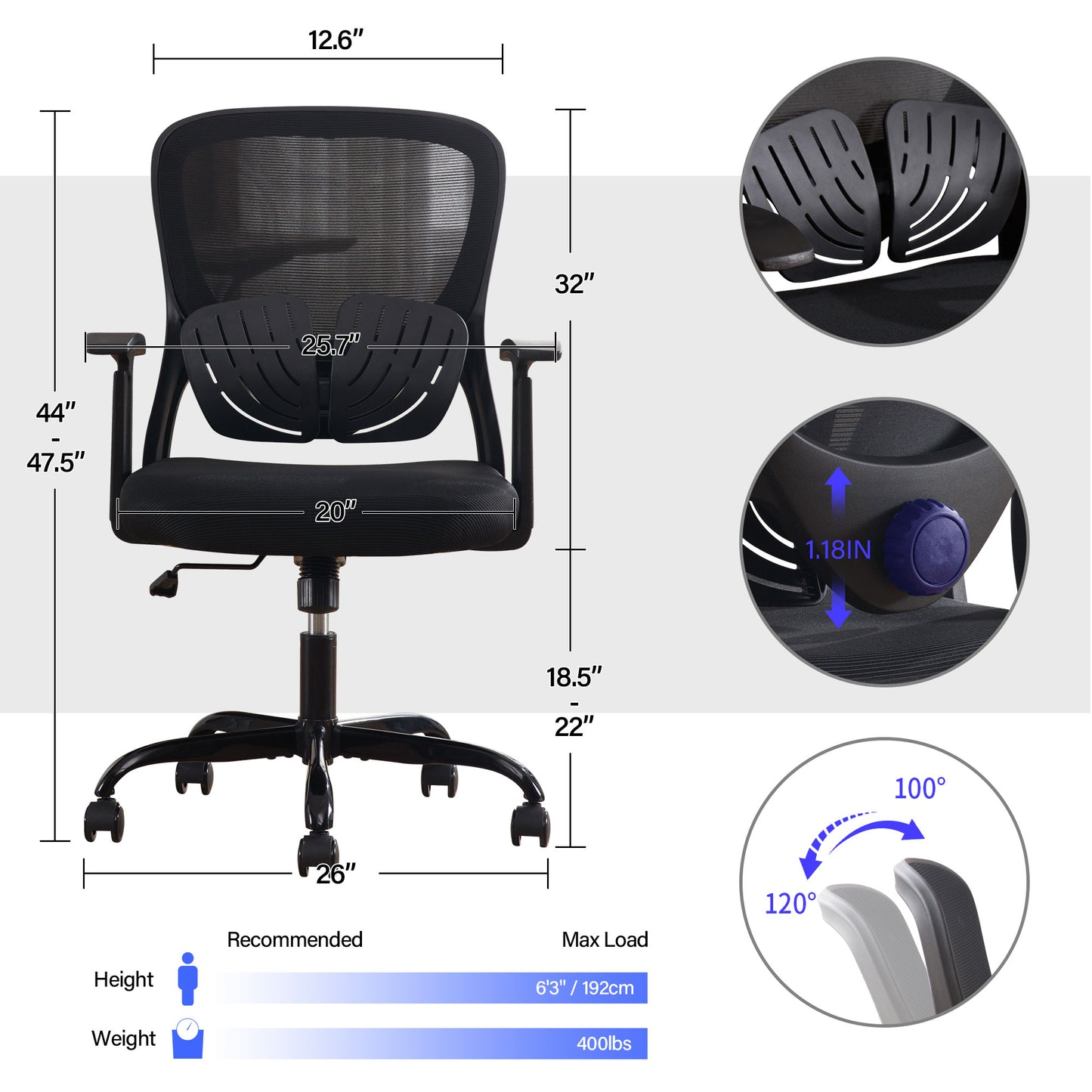 HISKC Ergonomic Office Chair, Comfort Home Office Task Chair, Lumbar Support Ergonomic Mesh Desk Chair with Fixed Arms, 400lbs, Black