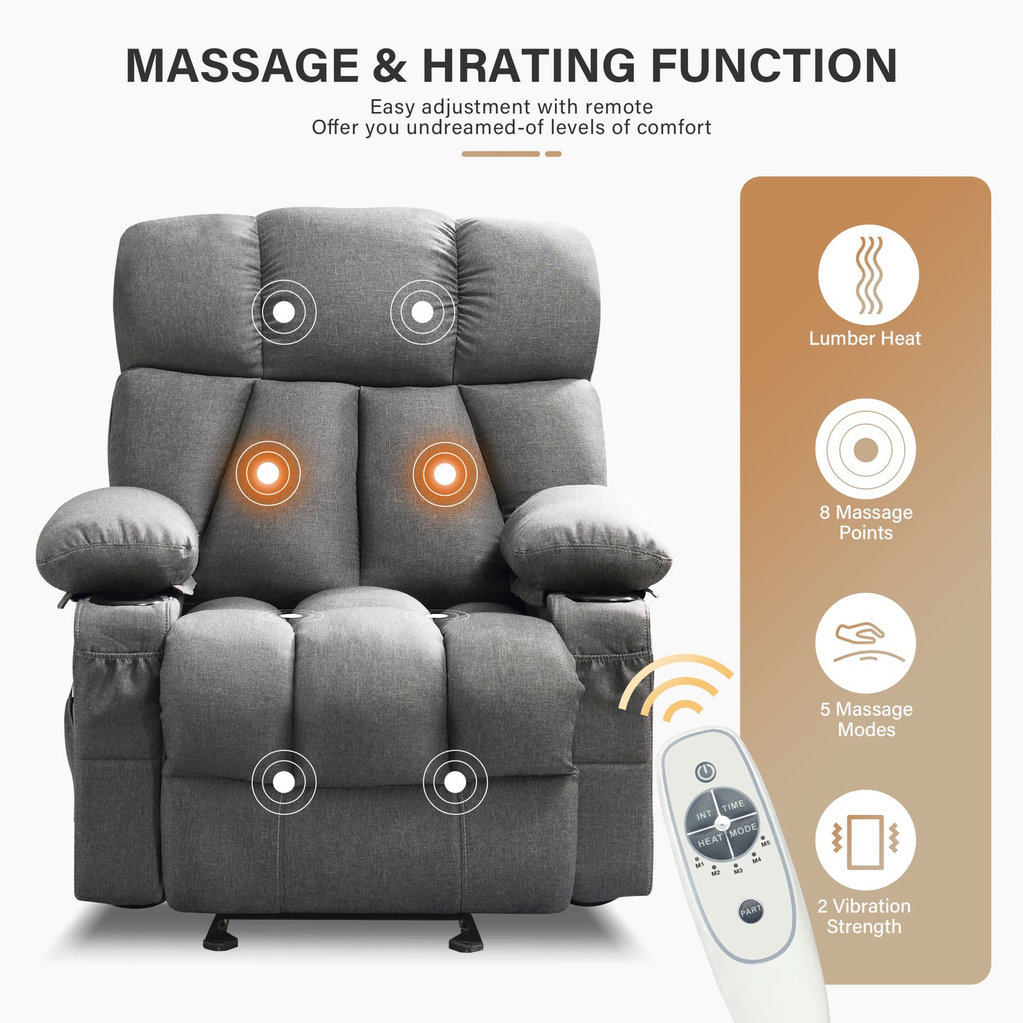 Manual Recliner Chair with Heat Therapy and Massage Function, Heavy Duty Reclining Mechanism Massage Chair, Elderly Single Rocker Sofa with Cup Holders for Bedroom Home Theater,1273GM