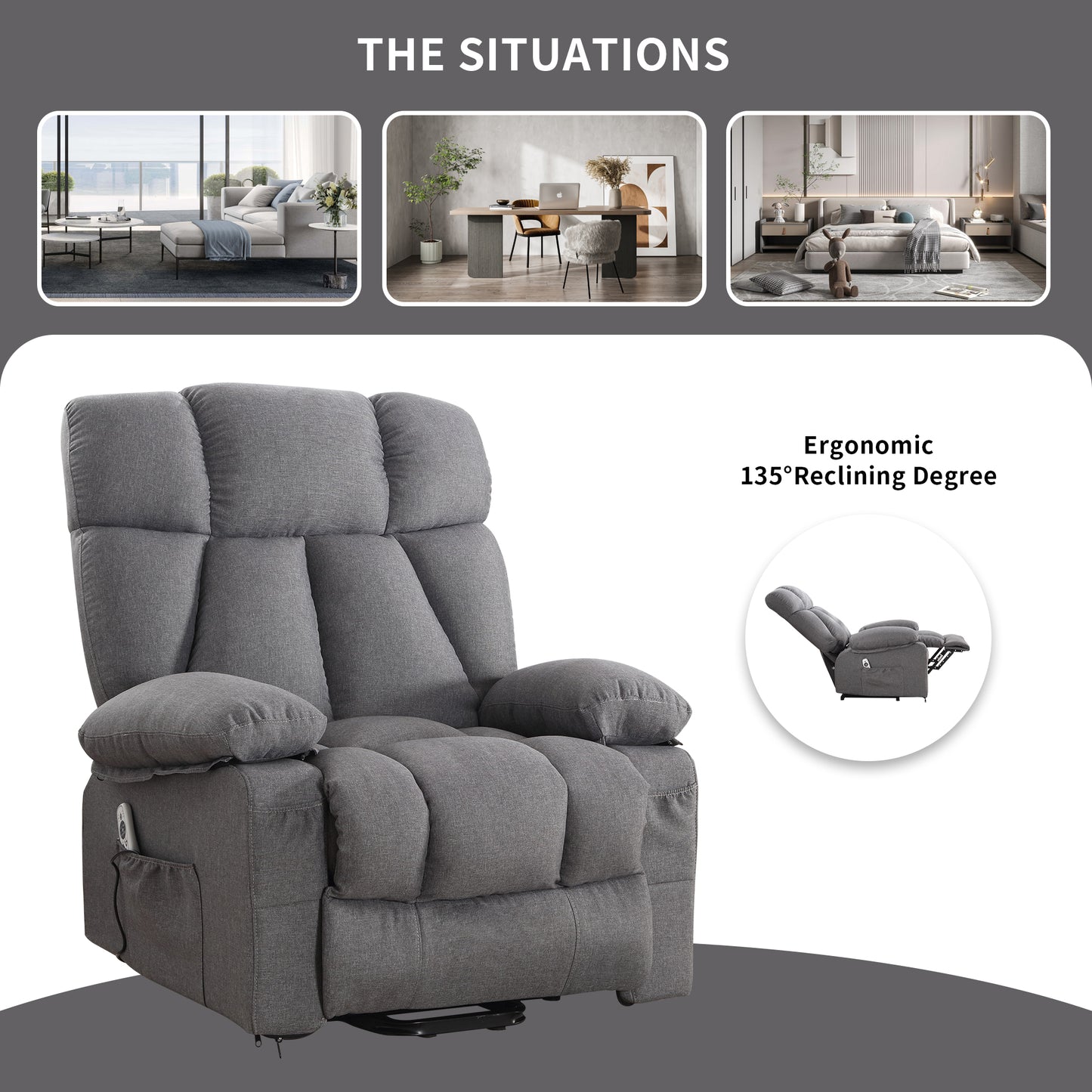 Power Lift Recliner Chair Recliners for Elderly with Heat and Massage Recliner Chair for Living Room with Infinite Position and Side Pocket,USB Charge Port,1288LM