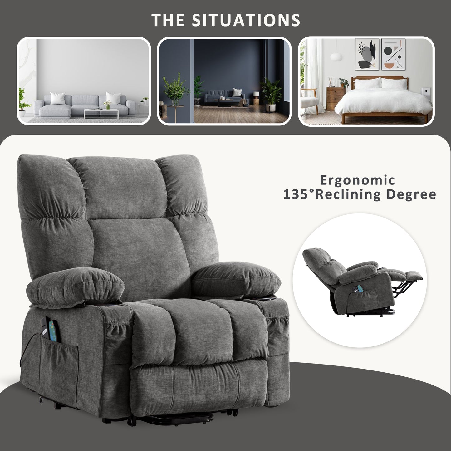 Power Lift Recliner Chair Recliners for Elderly with Heat and Massage Recliner Chair for Living Room with Infinite Position and Side Pocket,USB Charge Port,1214LM