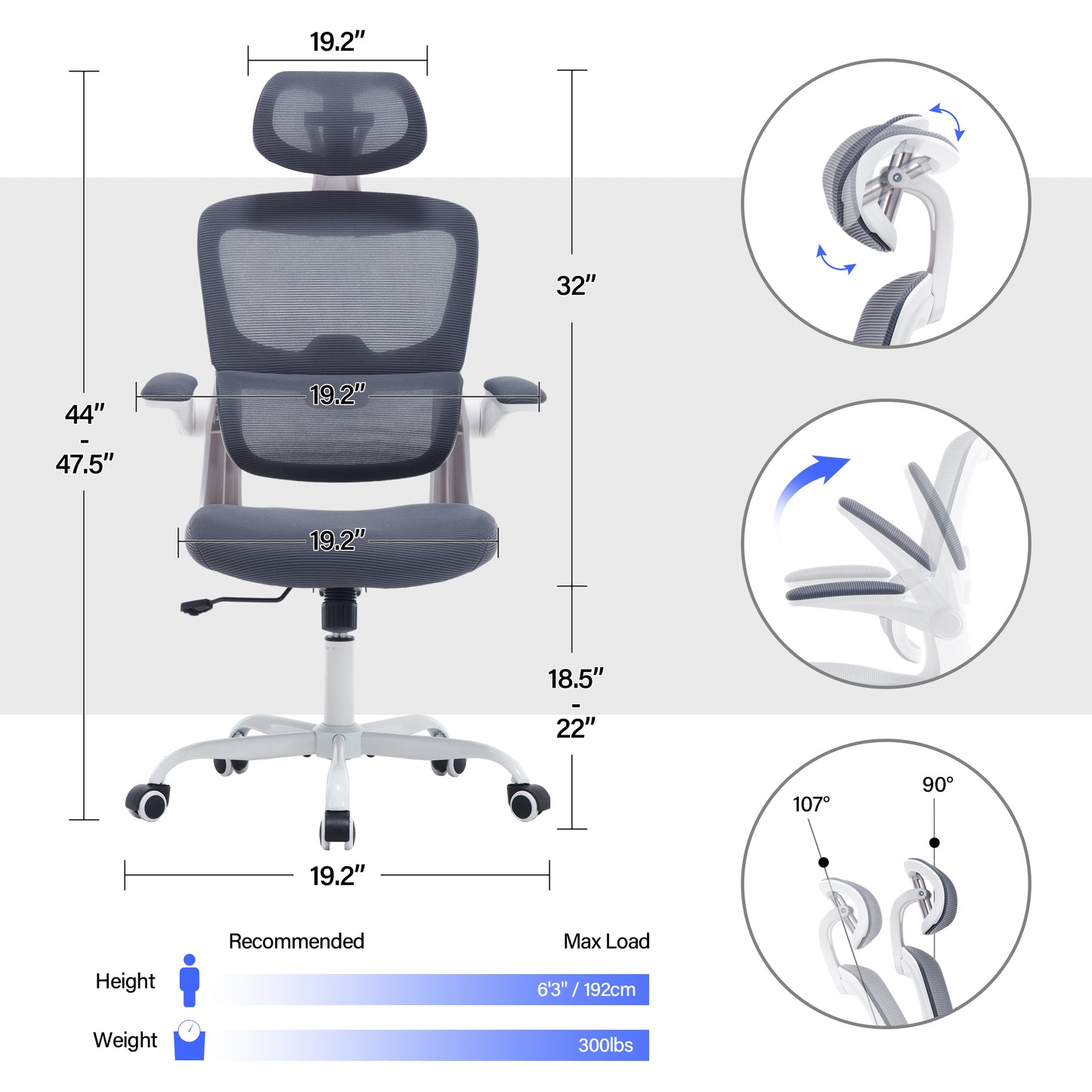 Hiskc High Back Lumbar Support and Armrest Office Desk Chair, Grey