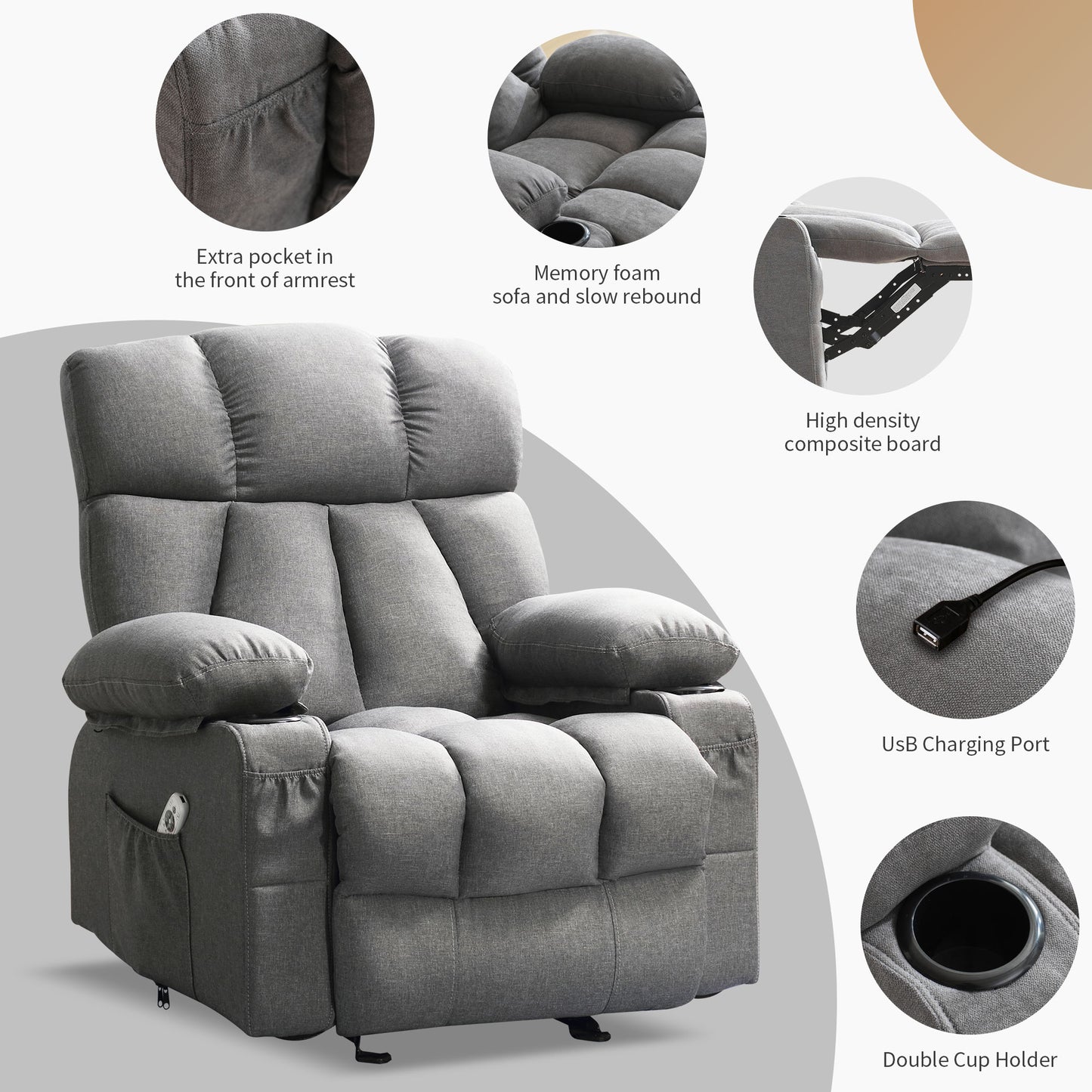 Manual Recliner Chair with Heat Therapy and Massage Function, Heavy Duty Reclining Mechanism Massage Chair, Elderly Single Rocker Sofa with Cup Holders for Bedroom Home Theater,1273GM
