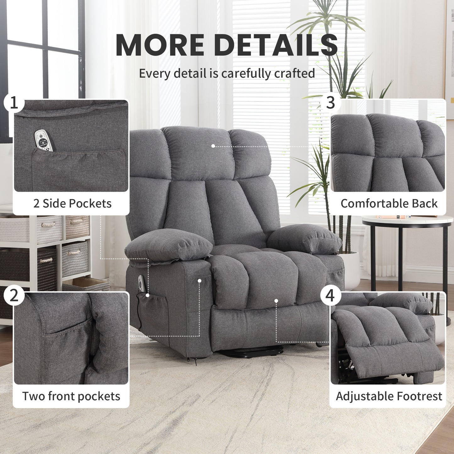 Power Lift Recliner Chair Recliners for Elderly with Heat and Massage Recliner Chair for Living Room with Infinite Position and Side Pocket,USB Charge Port,1288LM