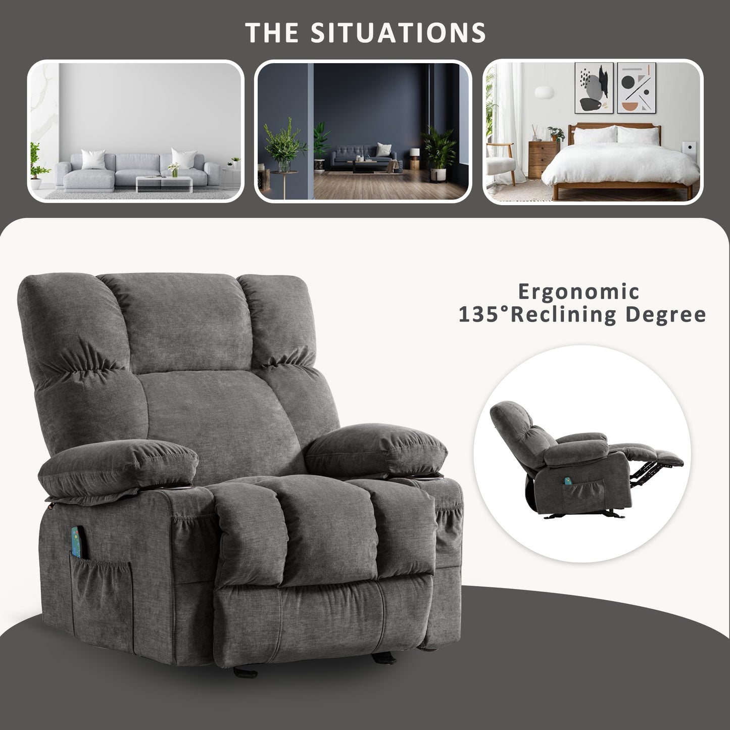Manual Recliner Chair with Heat Therapy and Massage Function, Heavy Duty Reclining Mechanism Massage Chair, Elderly Single Rocker Sofa with Cup Holders for Bedroom Home Theater,1214GM