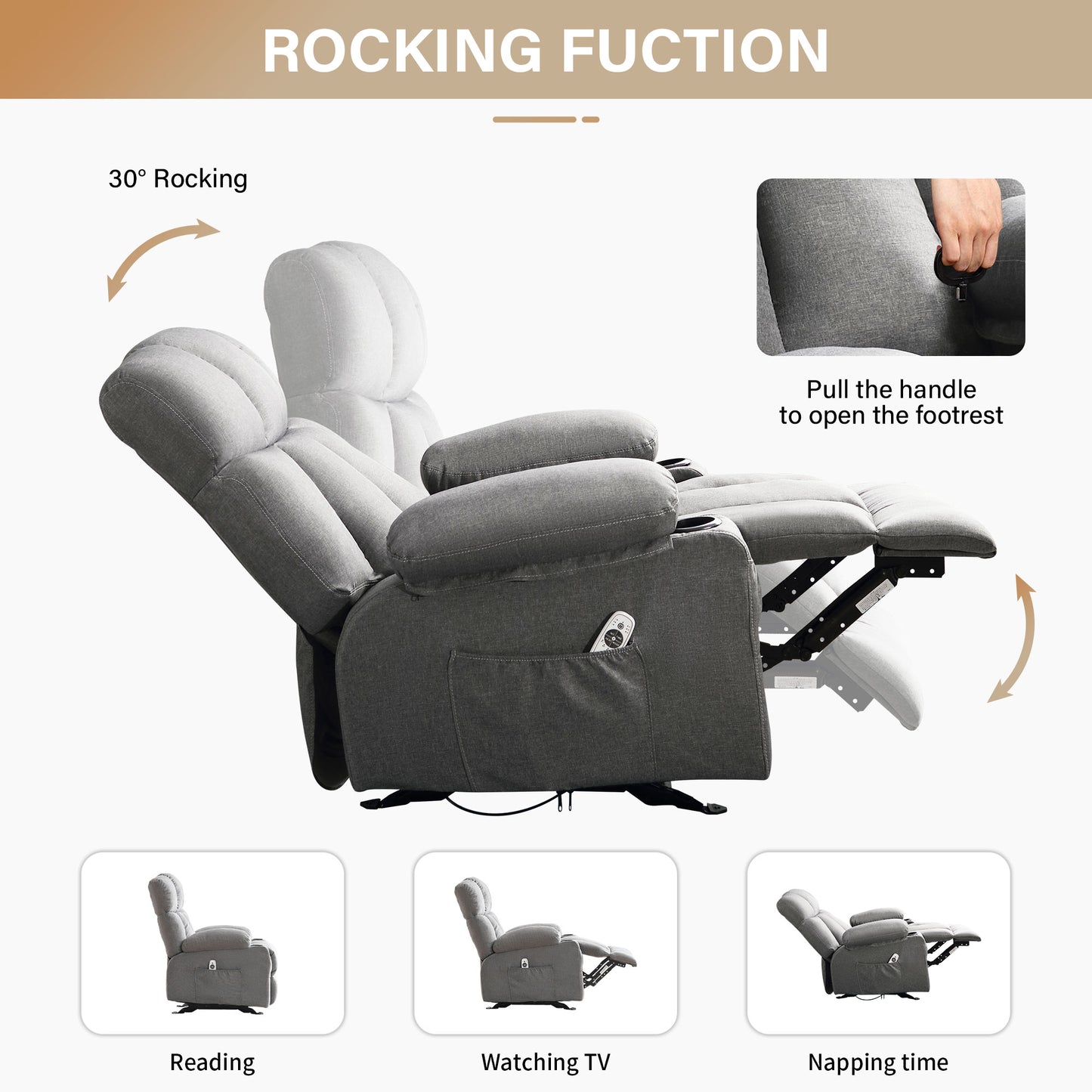 Manual Recliner Chair with Heat Therapy and Massage Function, Heavy Duty Reclining Mechanism Massage Chair, Elderly Single Rocker Sofa with Cup Holders for Bedroom Home Theater,1273GM