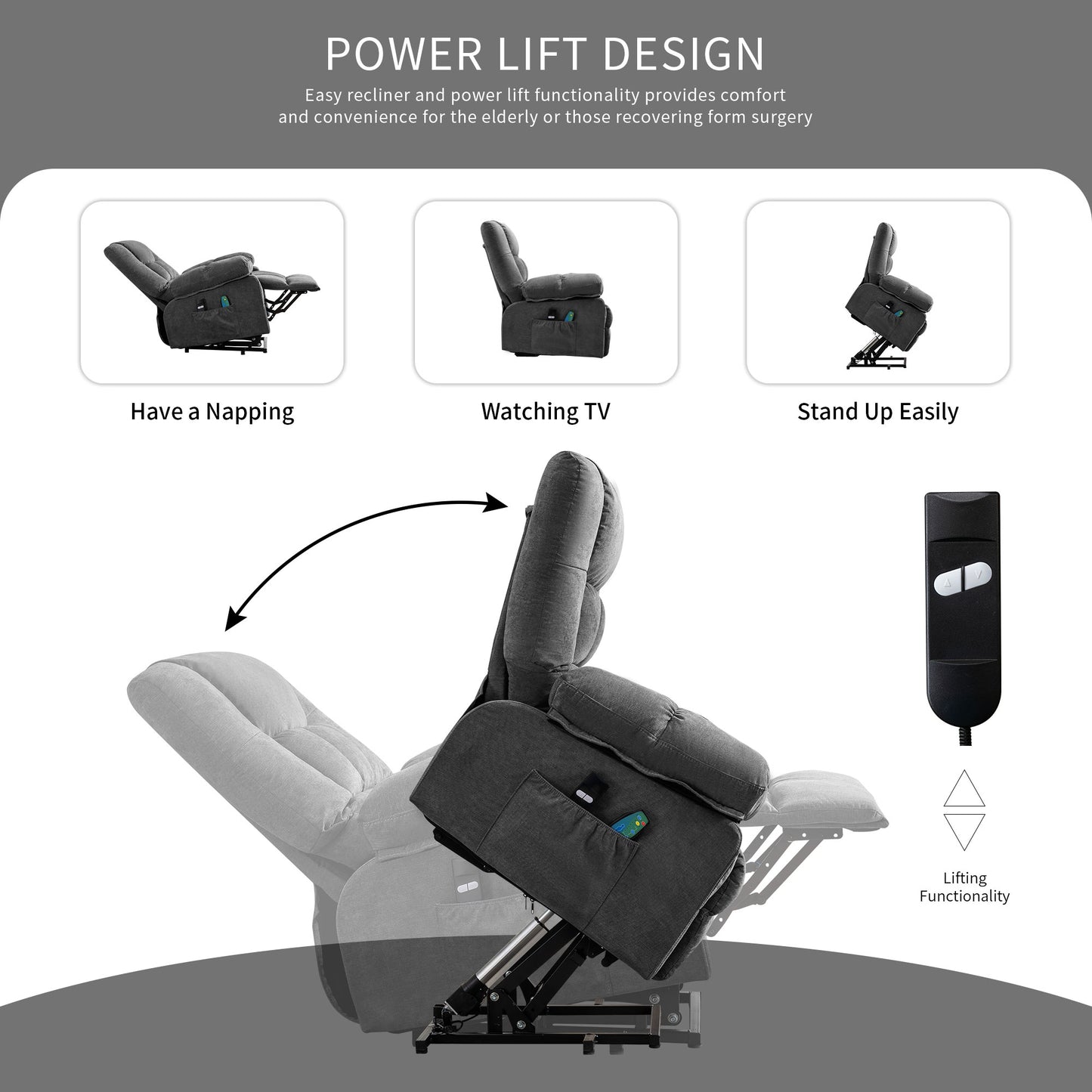 Power Lift Recliner Chair Recliners for Elderly with Heat and Massage Recliner Chair for Living Room with Infinite Position and Side Pocket,USB Charge Port,1124LM
