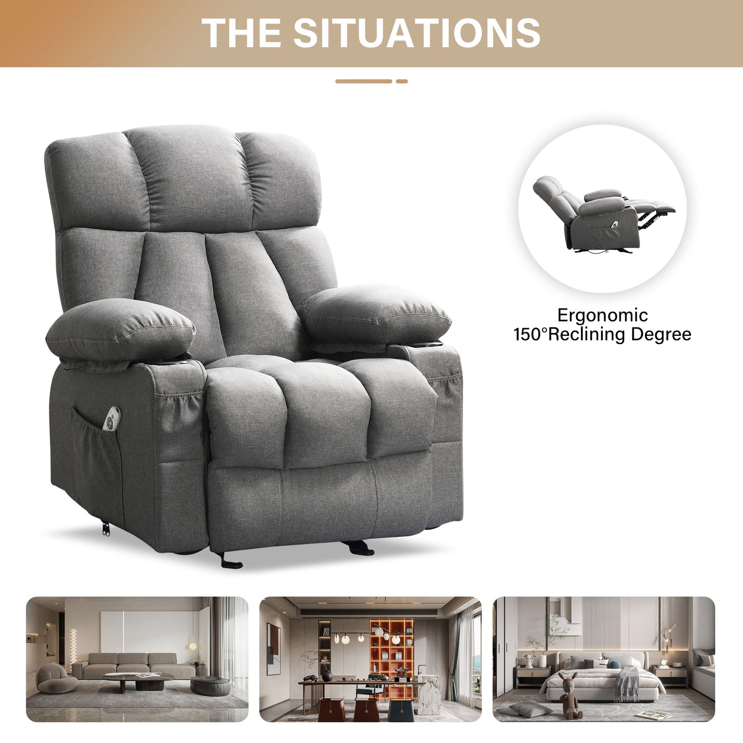 Manual Recliner Chair with Heat Therapy and Massage Function, Heavy Duty Reclining Mechanism Massage Chair, Elderly Single Rocker Sofa with Cup Holders for Bedroom Home Theater,1273GM