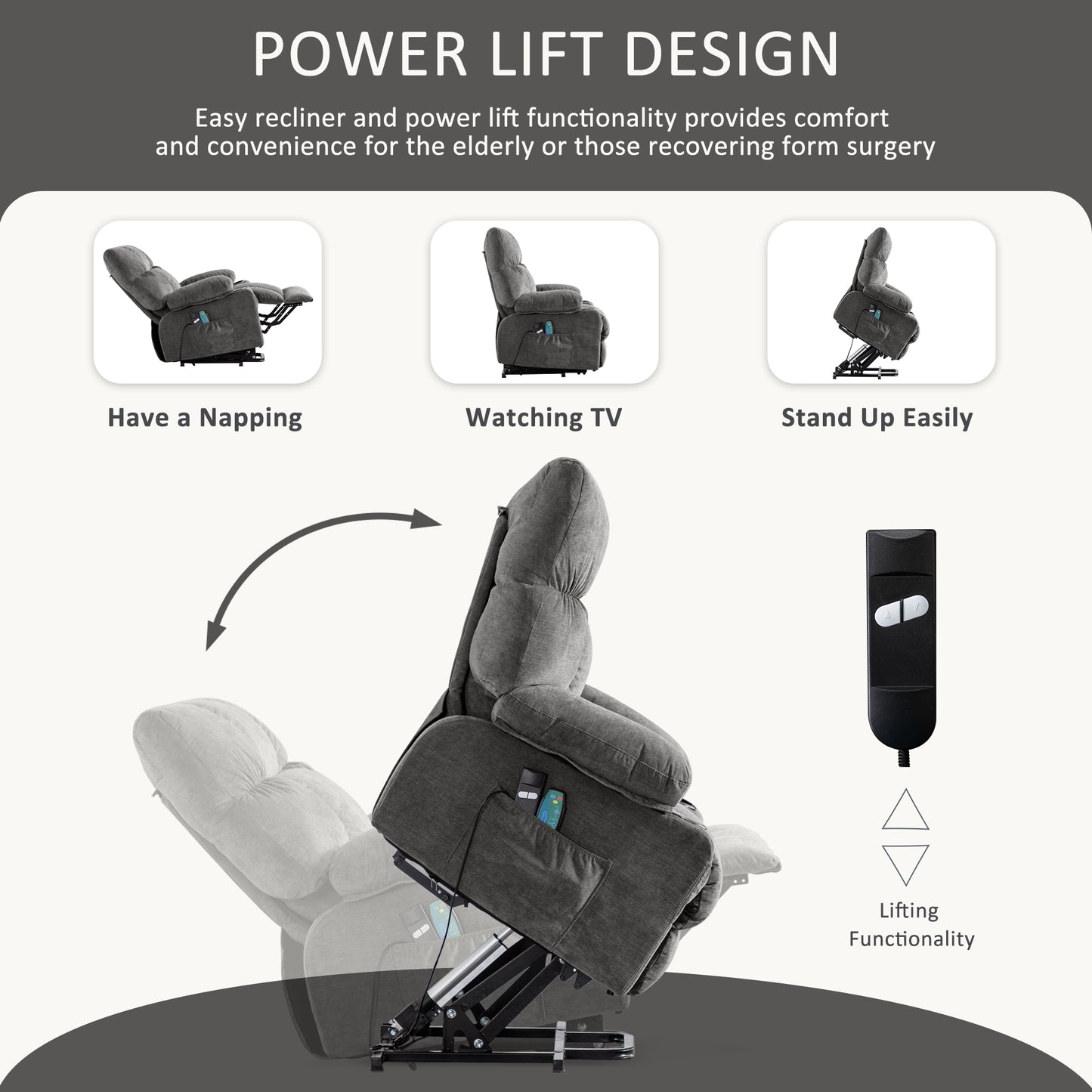 Power Lift Recliner Chair Recliners for Elderly with Heat and Massage Recliner Chair for Living Room with Infinite Position and Side Pocket,USB Charge Port,1214LM