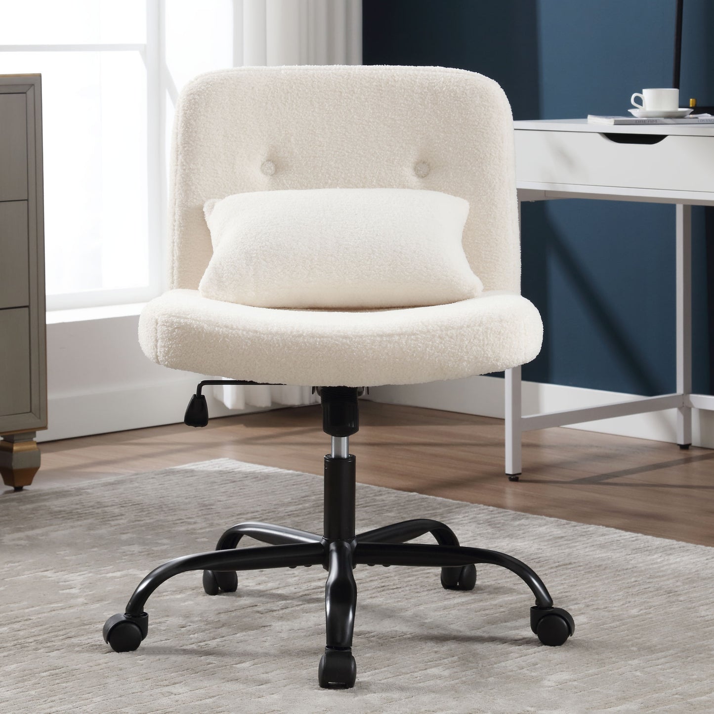 HISKC Armless-Office Desk Chair with Wheels: Fabric Cross Legged Wide Chair,Comfortable Adjustable Swivel Computer Task Chairs for Home,Office,Make Up,Small Space,Bed Room,Beige